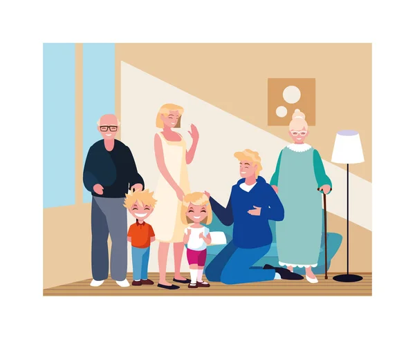 Big family together in living room, three generations — 스톡 벡터