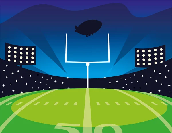 Terrain de football américain avec des lumières vives — Image vectorielle