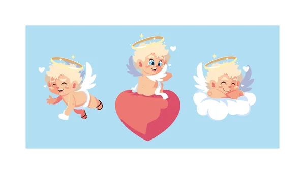 Sada roztomilých andílků v různých pózách, Valentýna — Stockový vektor