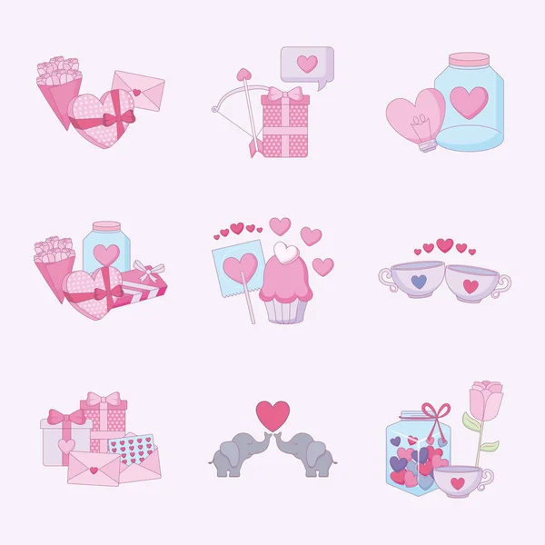 Love and happy valentines day icon set vector design — 스톡 벡터