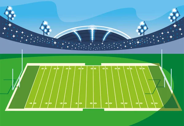 Γήπεδο ποδοσφαίρου με φώτα, ποδόσφαιρο παιχνίδι αμερικανική — Διανυσματικό Αρχείο