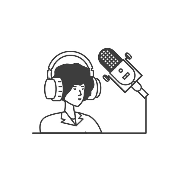 Jolie jeune femme avec écouteurs et microphone — Image vectorielle