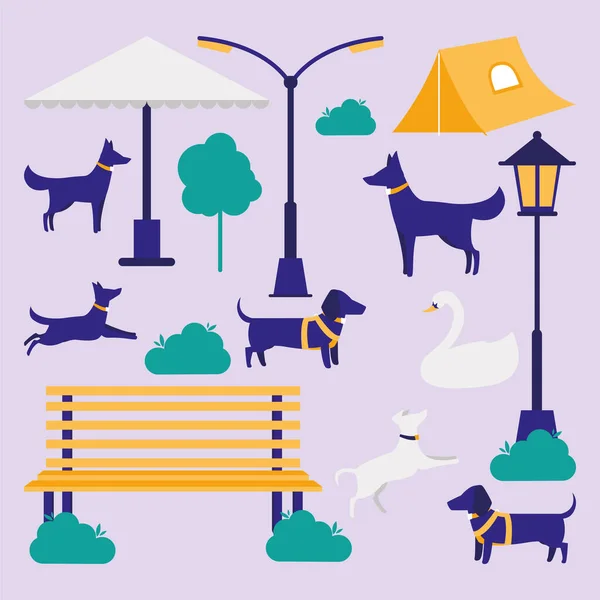 Parque y perros icono conjunto vector de diseño — Archivo Imágenes Vectoriales