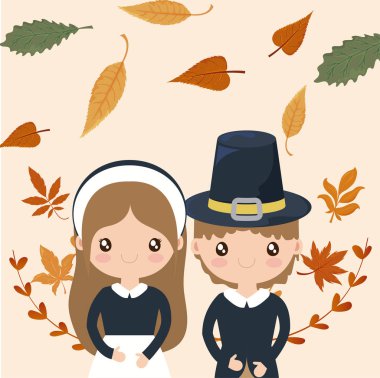 couple of pilgrims with autumn leaves clipart