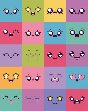 Kawaii karikatür yüz simgesi çerçeve vektör tasarımı içinde ayarlandı