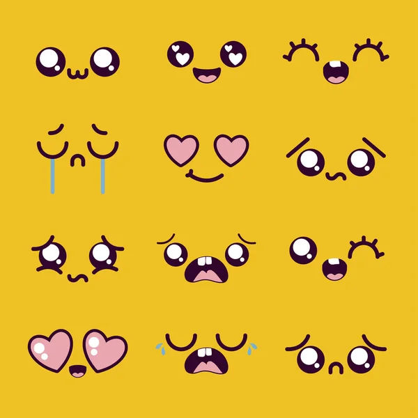Kawaii cartoon face icon set over yellow background vector design — Stock Vector