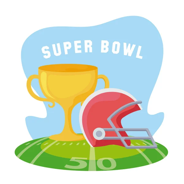 Super-Bowl-Trophäe und Helm über Feldvektor-Design — Stockvektor