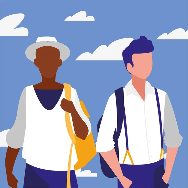 Boys students with school bags in front of clouds vector design — 스톡 벡터