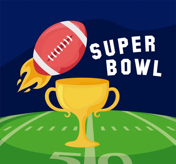 Super Bowl palla e trofeo sul campo progettazione vettoriale — Vettoriale Stock