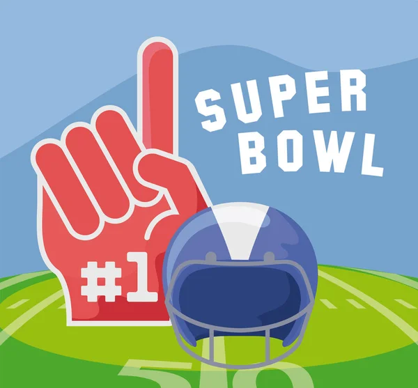 Super bowl helmet and glove over field vector design — ストックベクタ