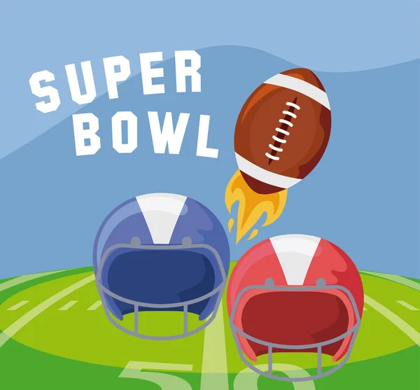 Super bowl ball and helmets over field vector design — ストックベクタ