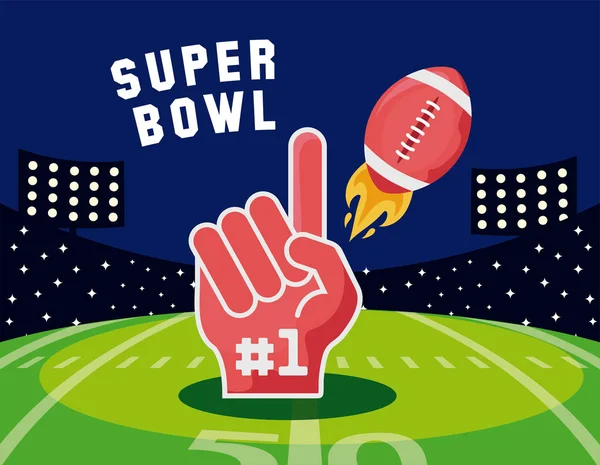 Super bowl ball and glove over field vector design — ストックベクタ