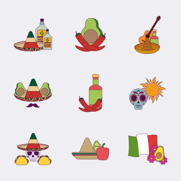 Isolado colorido mexicano ícone conjunto vetor design — Vetor de Stock