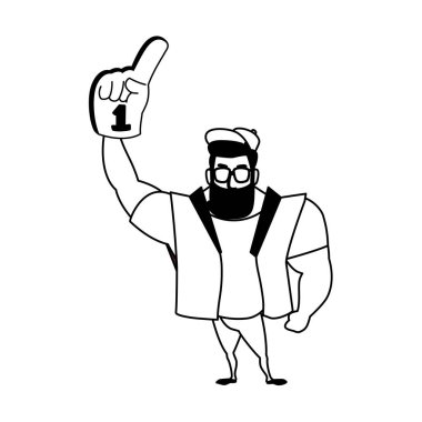 Bir numaralı vantilatörle eldiven tutan adam.