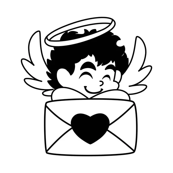 Bonito cupido anjo com uma carta de amor em fundo branco —  Vetores de Stock