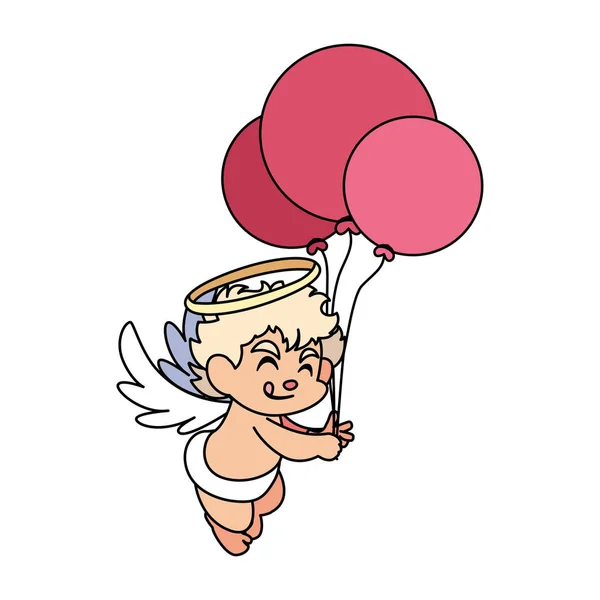 Bonito cupido anjo com hélio balões no fundo branco — Vetor de Stock