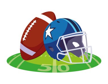 Stadyum çimlerinde kask ve top Amerikan futbolu