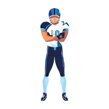 Beyaz arka planda üniformalı Amerikan futbolu oyuncusu.