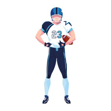Beyaz arka planda üniformalı Amerikan futbolu oyuncusu.