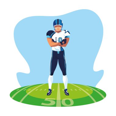 Stadyum çimlerinde erkek Amerikan futbolu takımı oyuncusu