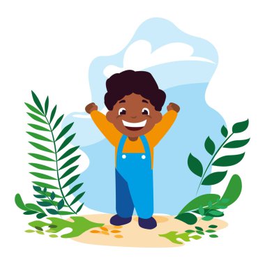 Çocuk gülümsüyor ve dışarıda oynuyor.