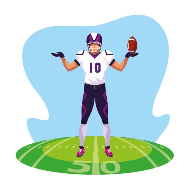 Stadyum çimlerinde erkek Amerikan futbolu takımı oyuncusu