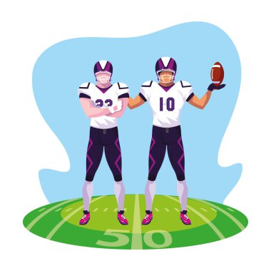 Amerikan futbolu, stadyum çimlerinde üniformalı sporcular.