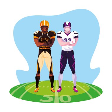 Stadyum çimlerinde Amerikan futbolu oynayan erkekler.