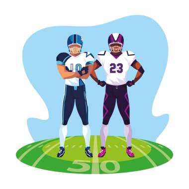 Stadyum çimlerinde Amerikan futbolu oynayan erkekler.