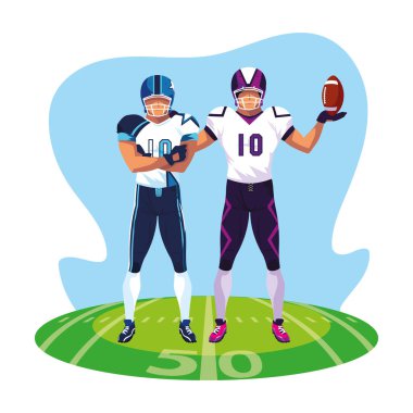 Stadyum çimlerinde Amerikan futbolu oynayan erkekler.