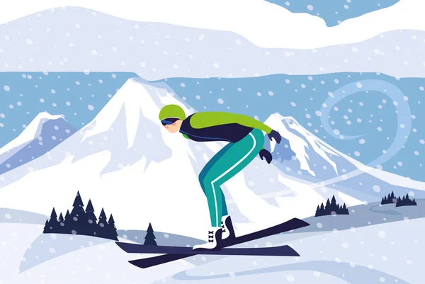 Man met bergski, wintersport — Stockvector