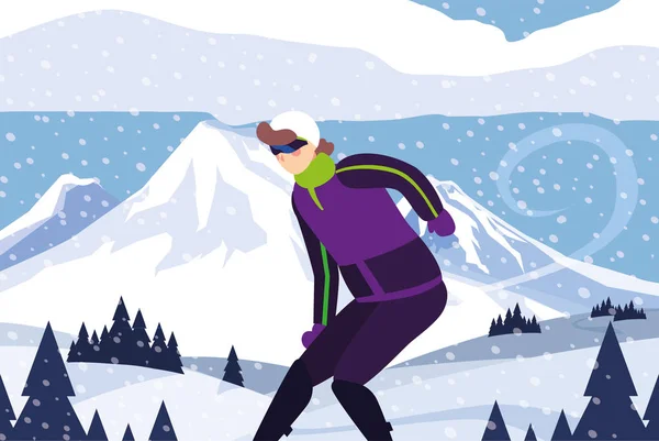 Hombre con esquí de montaña en el paisaje con nevadas — Vector de stock