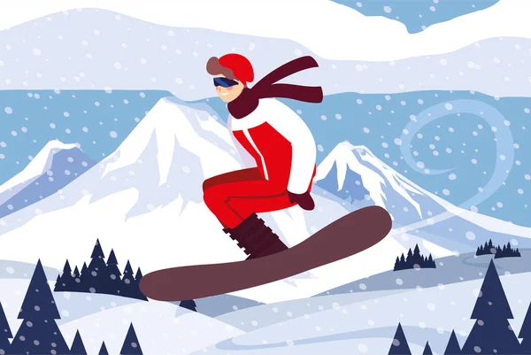 Kış manzarasında snowboard yapan bir adam