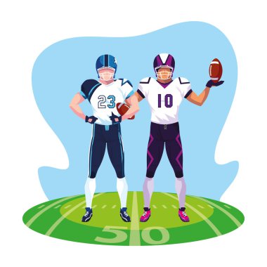 Stadyum çimlerinde Amerikan futbolu oynayan erkekler.