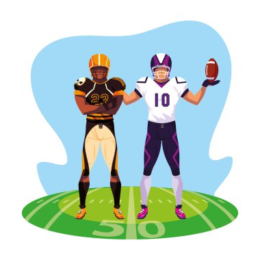 Stadyum çimlerinde Amerikan futbolu oynayan erkekler.