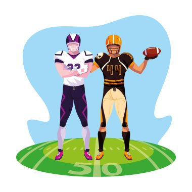 Stadyum çimlerinde Amerikan futbolu oynayan erkekler.