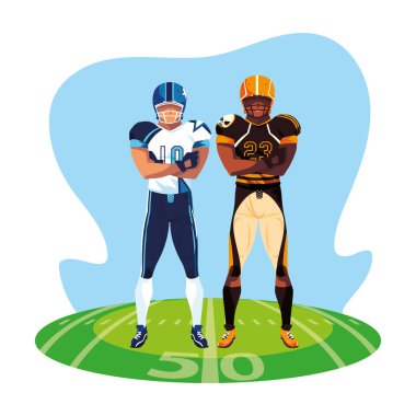 Stadyum çimlerinde Amerikan futbolu oynayan erkekler.