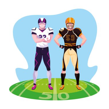 Stadyum çimlerinde Amerikan futbolu oynayan erkekler.