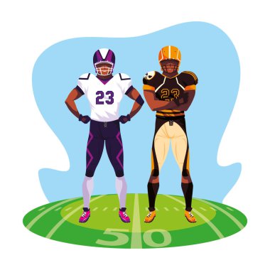 Stadyum çimlerinde Amerikan futbolu oynayan erkekler.