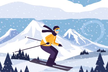 Dağda kayak yapan, karlı bir adam.