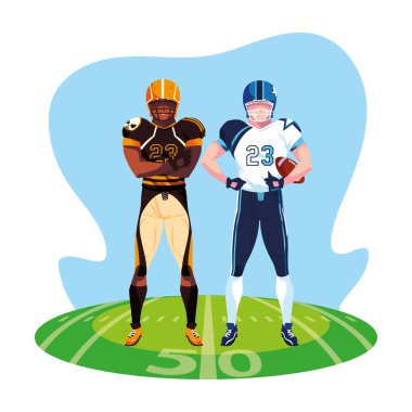 Stadyum çimlerinde Amerikan futbolu oynayan erkekler.