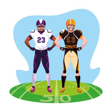 Stadyum çimlerinde Amerikan futbolu oynayan erkekler.