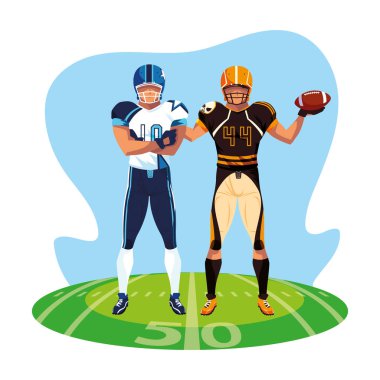 Stadyum çimlerinde Amerikan futbolu oynayan erkekler.