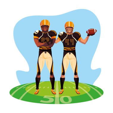 Amerikan futbolu, stadyum çimlerinde üniformalı sporcular.