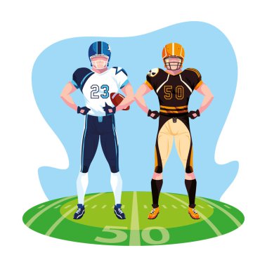 Stadyum çimlerinde Amerikan futbolu oynayan erkekler.