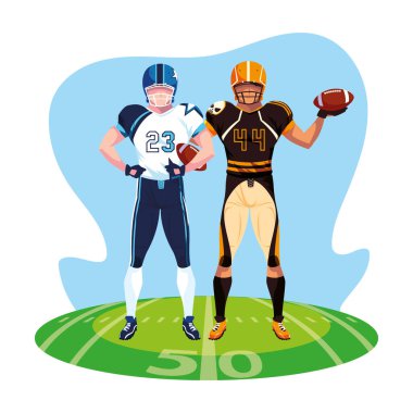 Stadyum çimlerinde Amerikan futbolu oynayan erkekler.