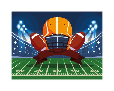 Stadyumda kask ve top Amerikan futbolu
