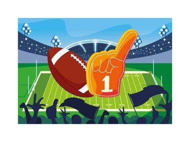 american football ball with hand glove on stadium grass clipart