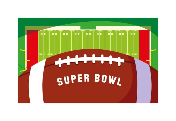 Etichetta super bowl con stadio di calcio e palla da rugby — Vettoriale Stock