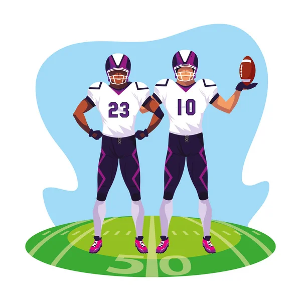 Équipe de joueurs football américain, les sportifs avec uniforme sur gazon du stade — Image vectorielle